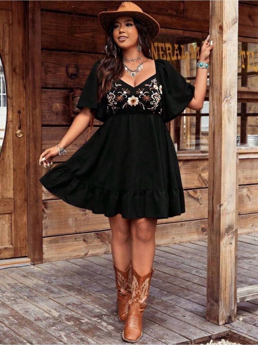 Black Embroidered Flutter-Sleeve Midi Dress